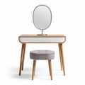Wooden vanity table with mirror and padded stool in natural finish 80 x 40 x 75cm
