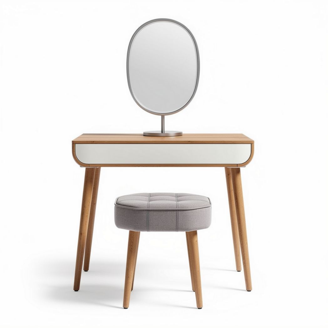 Wooden vanity table with mirror and padded stool in natural finish 80 x 40 x 75cm
