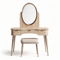 Wooden vanity table set with round mirror and upholstered stool 90 x 40 x 75cm