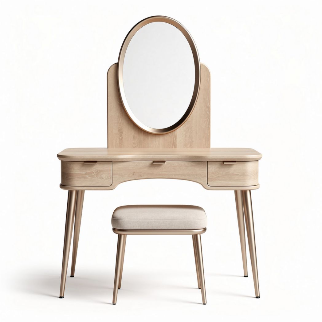 Wooden vanity table set with round mirror and upholstered stool 90 x 40 x 75cm