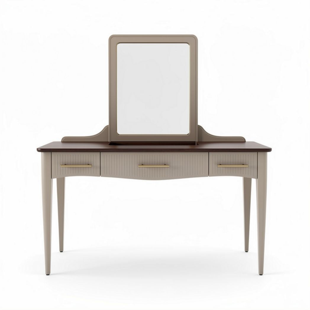 Vanity table with mirror and three drawers in beige and brown finish