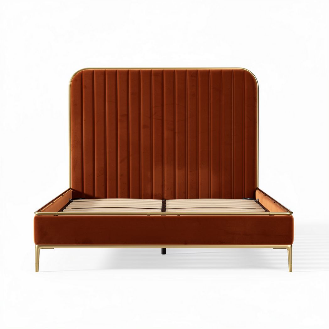 Velvet upholstered platform bed frame with gold metal accents 200 x 160 x 120cm