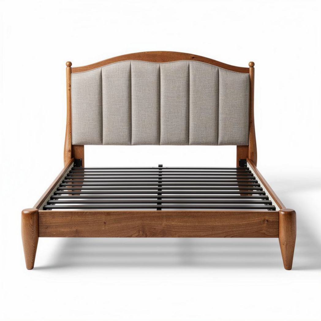Wooden bed frame with upholstered headboard in natural finish 190 x 140 x 100cm
