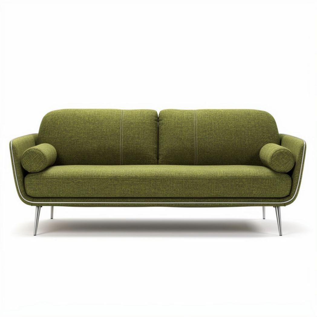 Green fabric sofa with round armrests and metal legs 200 x 80 x 90cm