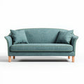 Light blue upholstered sofa with wooden legs and two accent pillows 200 x 90 x 85cm