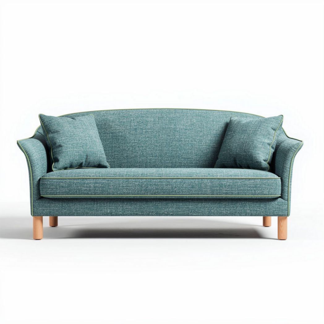 Light blue upholstered sofa with wooden legs and two accent pillows 200 x 90 x 85cm