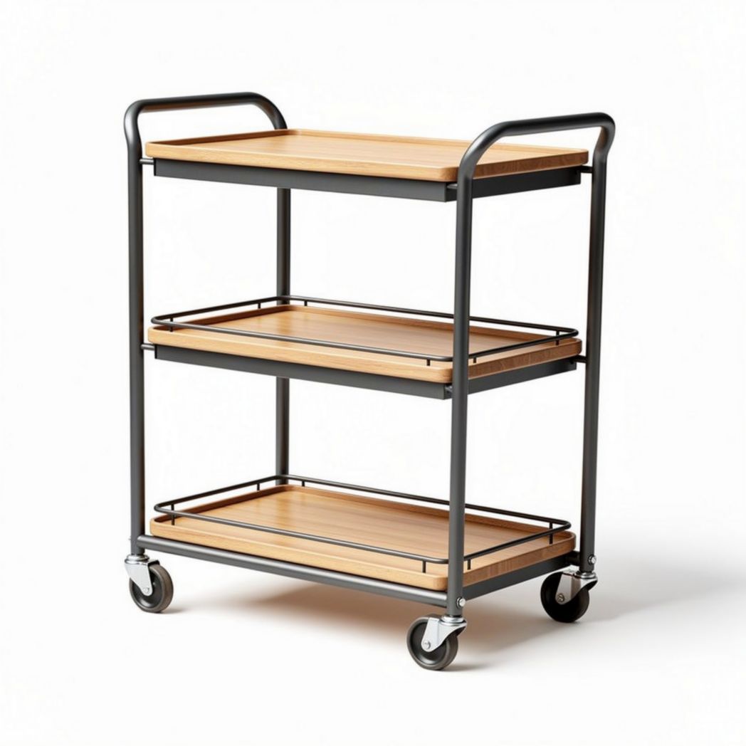 Wooden serving cart with metal frame and wheels for kitchen storage 80 x 40 x 80cm