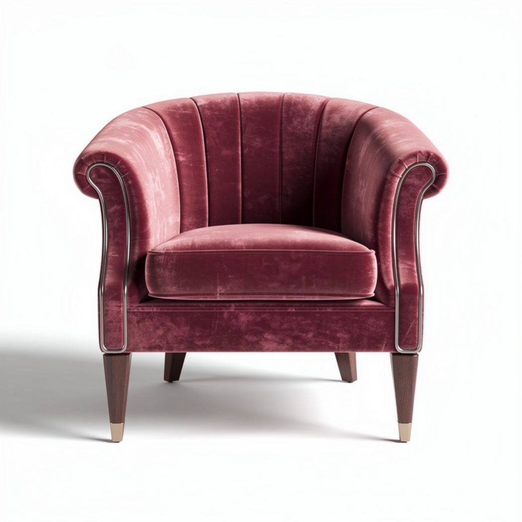 Velvet upholstered accent chair in mauve color with tapered wooden legs
