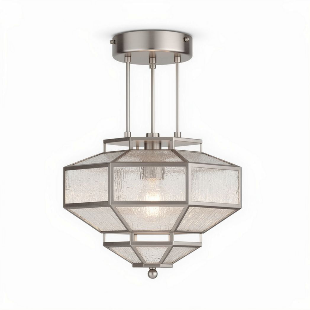 Brushed nickel geometric ceiling light fixture with glass shade 20 x 20 x 30cm