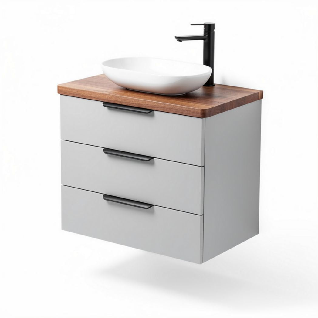 Wall-mounted bathroom vanity with wooden top three storage drawers and ceramic sink 80 x 50 x 45cm