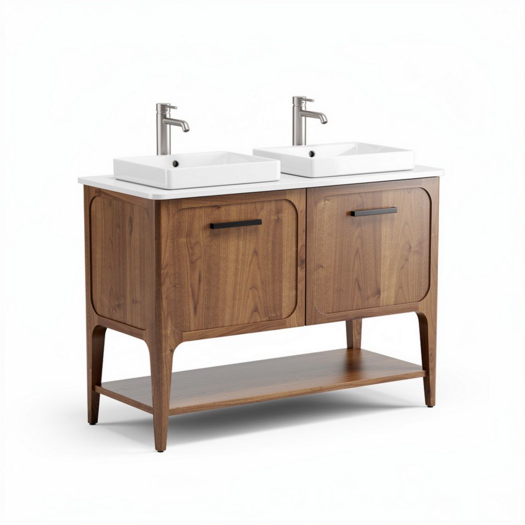 Dual sink bathroom vanity cabinet with walnut finish and two square basins