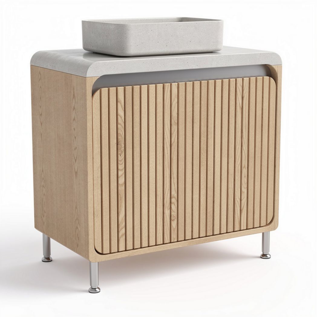 Wooden cabinet with slatted doors and concrete top 80 x 45 x 80cm