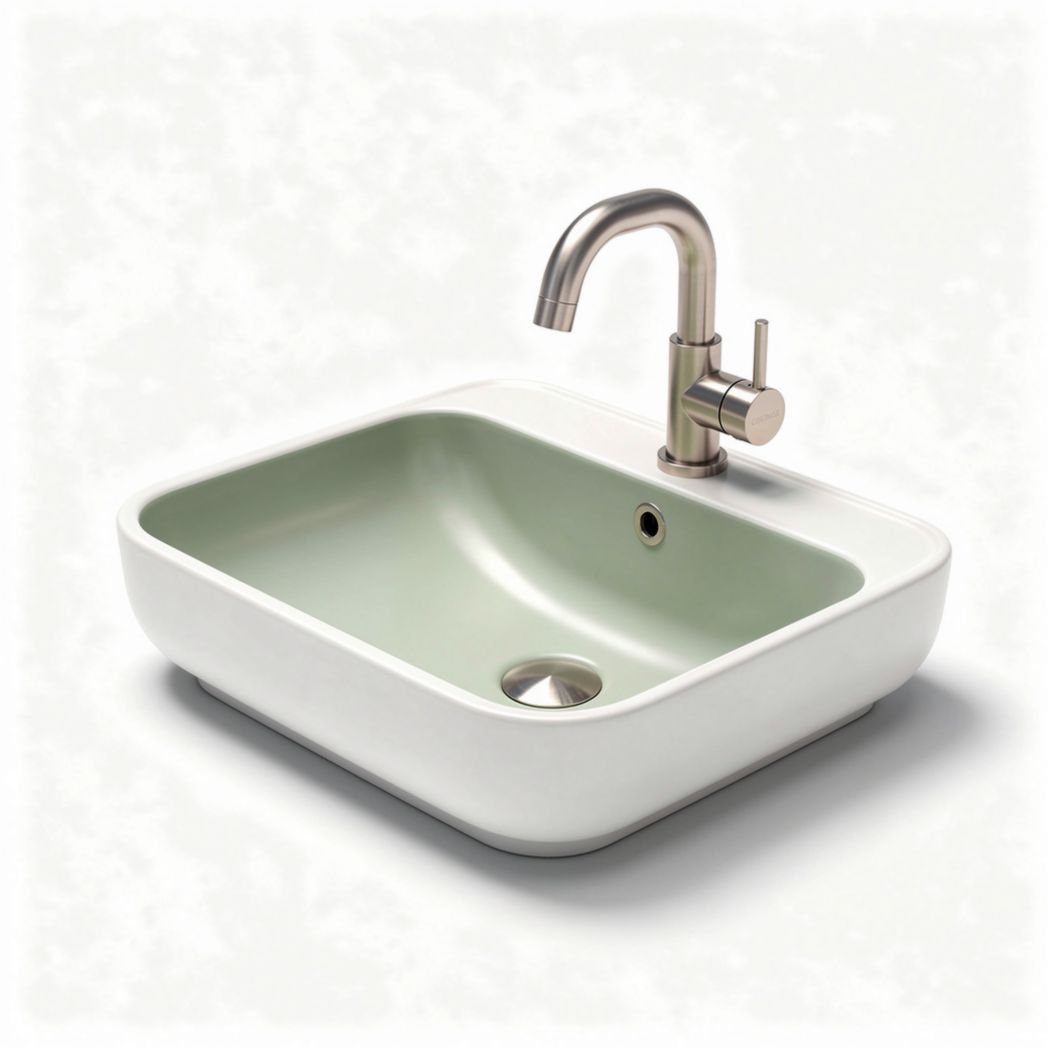 Ceramic bathroom sink in green and white finish with brushed nickel faucet