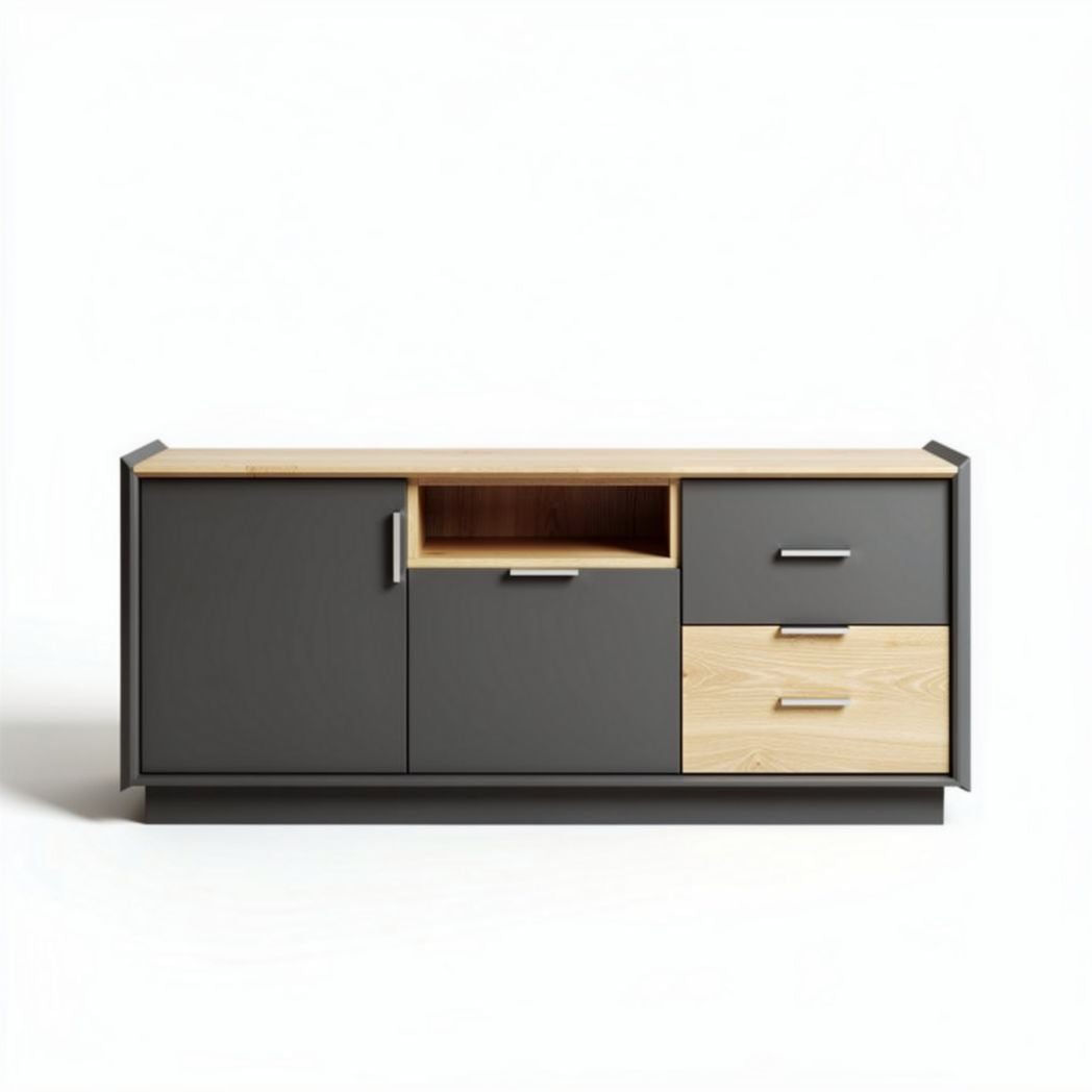 Modern gray storage cabinet with oak top and multiple drawers 150 x 40 x 60cm
