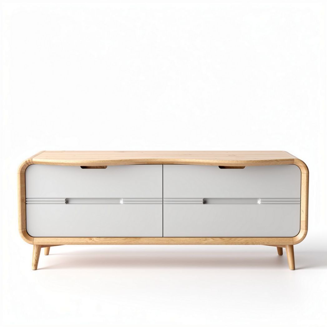 Modern wooden tv stand with gray drawers and elegant curves 120 x 40 x 50cm