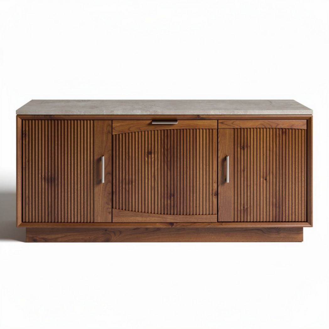 Wooden sideboard with stone top and ribbed doors for storage 120 x 45 x 55cm