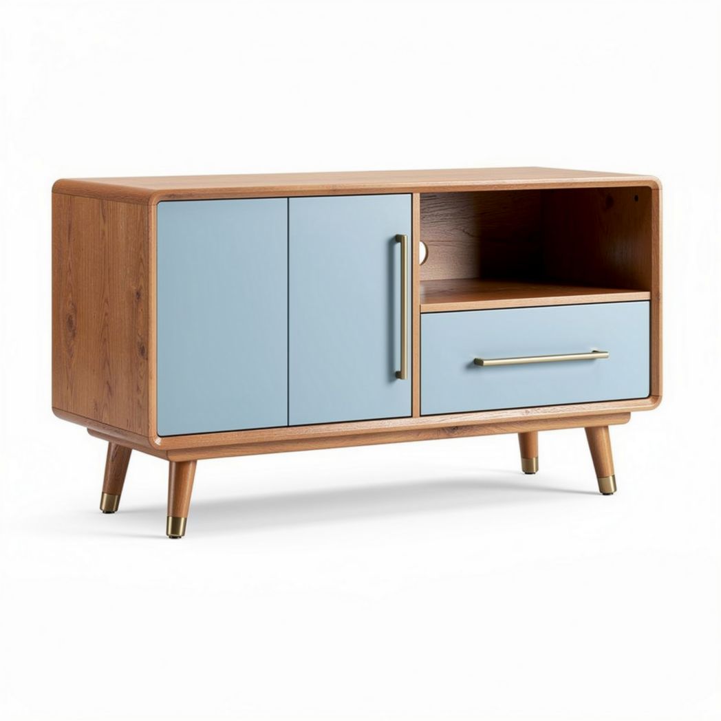 Mid-century modern wooden storage cabinet with blue doors and drawers 90 x 40 x 60cm